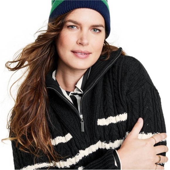 La Ligne x Target Black Quarter Zip Striped Cable Knit Sweater, Size XXS, EUC - Picture 3 of 16